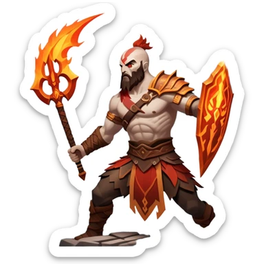 An icon showing a powerful warrior wielding a weapon, inspired by God of War: Ragnarok. The design captures the character’s strength, with dynamic motion lines. A fiery, mythological background with mountains and ruins enhances the epic atmosphere. Transparent background. sticker