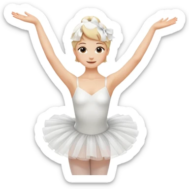 blonde, short-haired ballerina in a white tutu dress, experienced with a sly look, arms gracefully raised up sticker