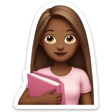 fair-skinned girl with long and straight brown hair holding a baby-pink-colored book sticker