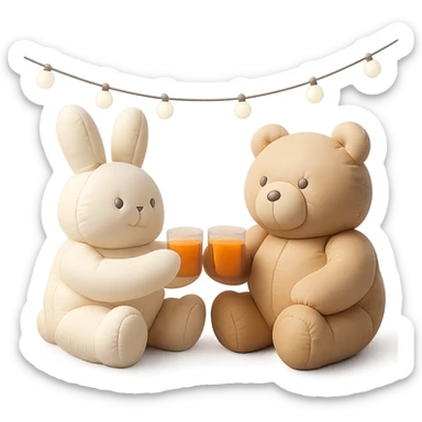 full-body bunny and bear clinking juice cups under string lights, cushion style sticker