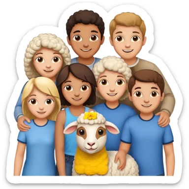 5 persons (3 girls and 2 boys) and a sheep sticker