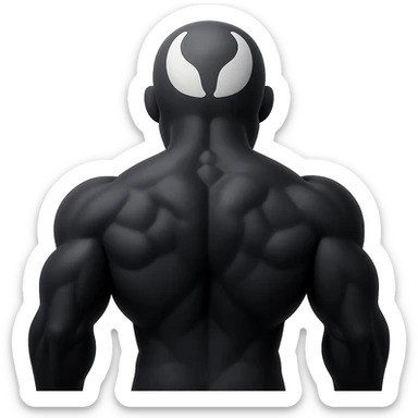 Make this character a full black Venom, keeping the rear back view and muscular details, in the style of apple emojis with concise style and colors. sticker