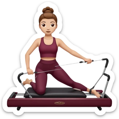 Girl with light skin tone - brown hair in a bun - and pilates outfit burgundy on a pilates reformer machine sticker