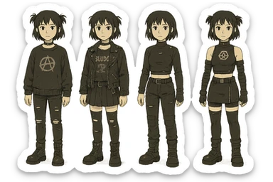 outfit designs for a VTUBER OC. The style is mixed 90's grunge, punk, lots of black and white in the color scheme, futuristic aesthetic. Clothing has small rips and tears from wear, logos and designs are faded. Garage, Shoegaze, postmodern style. character design concept art outfits for a female. [[FUTUREPUNK CYBERGOTH]] front on view, not 3/4 angle or any angle, perfect front sticker