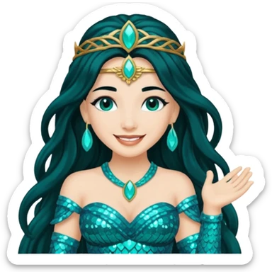 Salacia, Goddess of Hearth from Gods and Goddesses with long black hair, teal sequin outfit sticker