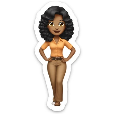 Tanned woman with black hair wearing 1970s style outfit and hair sticker