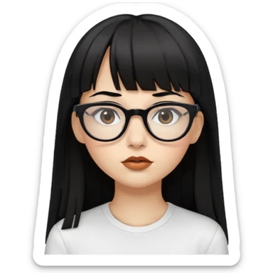 uma mulher snapchat icon, cor da pele normal, cabelo preto liso grande, solto grande com franja vegana, franja inteira curta, óculos pretos, com piercing na boca e nariz, olhos castanhos, camisa branca, a tela de fundo branca, coloque um brinco na boca e no nariz sticker