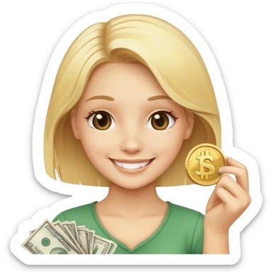 smiling blonde girl with money coins sticker