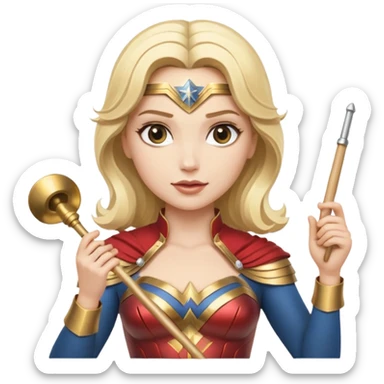 Blonde Wonder Woman holding white orchestra conductor’s baton and bell sticker
