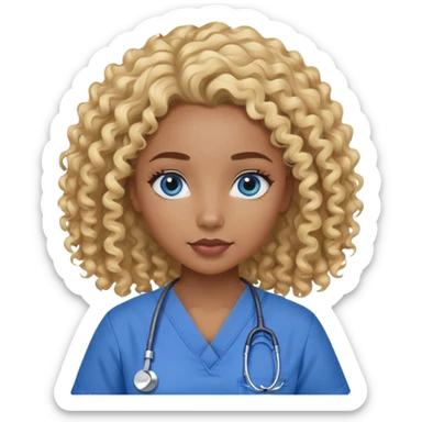 Black Girl with curly blonde hair and blue eyes in scrubs sticker
