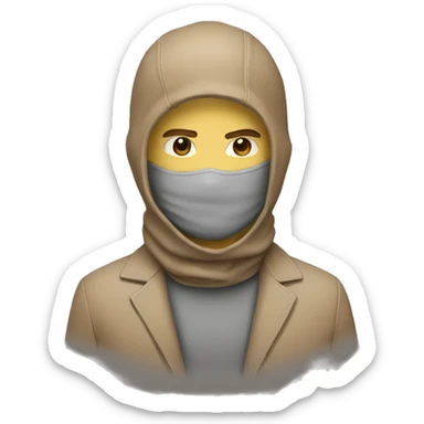 a guy with a light brown suit and a grey balaclava with "N." written on it sticker