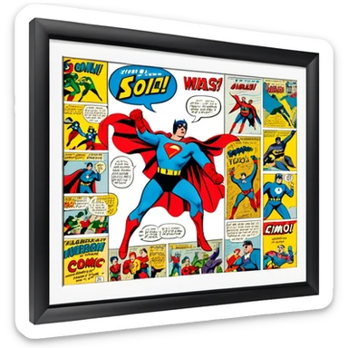 Icon for Vintage American Comics: an open comic magazine with classic 1940s-1950s American comic art, featuring superheroes in bold, bright colors, with action panels and exaggerated speech bubbles. The icon should represent the nostalgic style of vintage comics. Transparent background. sticker