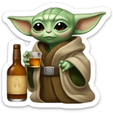 small baby Yoda drinking a big bottle of whiskey sticker