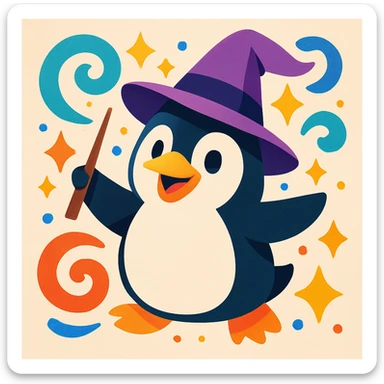 a playful penguin wizard with a purple hat, swirling magic around, vibrant modern illustration style sticker