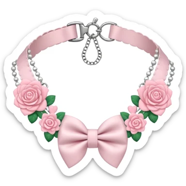 Pastel-baby-rose-pink Lolita-styled aesthetic cute kawaii choker-collar-necklace adorned with with white frills, roses, hearts, bow tie, silver chains, sakura, apparel separated  sticker