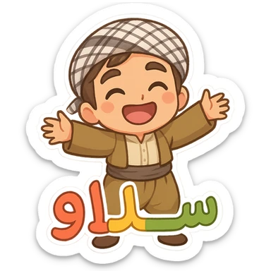 joyful chibi Kurdish character sticker wearing traditional attire, Kurdish word 'سڵاو' in a playful, colorful style, perfect for WhatsApp and Instagram sticker