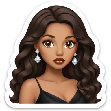 light brown skin tone, very beautiful woman, with big plump lips, long long lashes, black wavy long hair, brown eyes, black dress, diamond earrings sticker
