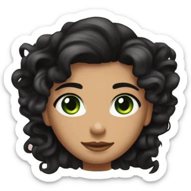long curly black hair,eyes with a hint of green, eyes positive  canthal tilt ,medium thick shaped eyebrows , and medium thin lips, round face shape, soft jawline, full body, teen, sensual, american sticker
