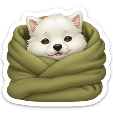 Cute white dog sleeping in a olive color blanket sticker