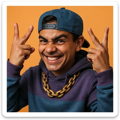 Make this playful, devious character more realistic, keep the YVL hand sign on both hands, streetwear outfit, expressive and lifelike face. Enhance realism with detailed facial expressions and clothing textures. sticker