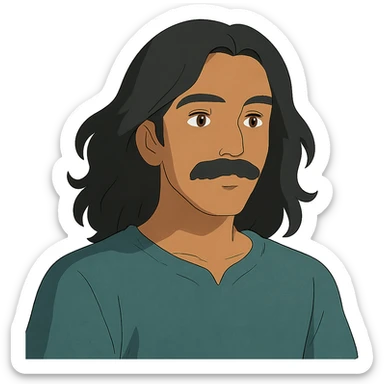 ghibli style illustration of a man with long black hair, mustache, no beard, brown skin sticker