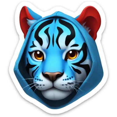 telegram sticker a A blue tiger with red stripes, red ears on the inside and black on the outside  wearing a hoodie sticker