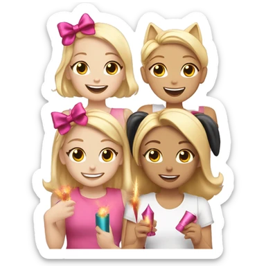 three blonde girls are holding a firecracker and smiling, one has a pink bow, the other has a black headband with cat ears, the third is slightly taller than the others sticker
