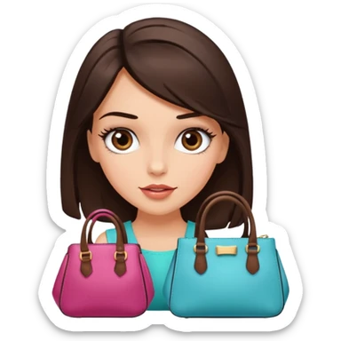 Glam brunette girl with eyelashes and fa looking left and right between two purses, playful puzzled expression — can’t decide between two options sticker