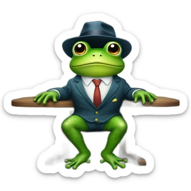 A frog wearing a suit looking straight sitting on a table and wearing a hat sticker