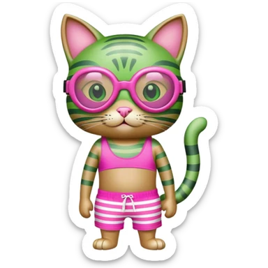 Green cat wearing pink scuba goggles and striped swim shorts sticker