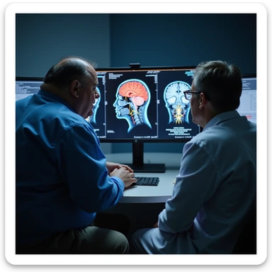 hyper-realistic medical CGI of an obese man and doctor looking at a brain scan on a screen showing inflamed hippocampus in red, shrunken prefrontal cortex, yellow lightning for glucose spikes, black amyloid plaques, constricted blood vessels, 4K clinical sticker