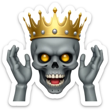 Demonic 3D skull holding its head by its two hand in shock, mouth open, wearing a golden crown, dark horror vibe sticker
