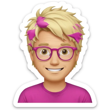 A blond guy with messy hair is smiling. He wear glasses and a fushia T-shirt sticker