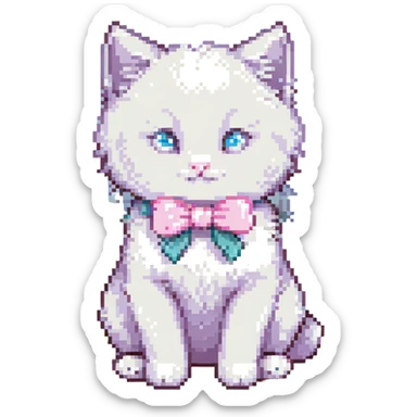 cute fluffy white kitten with a light pink bow, sitting, pixel art style sticker
