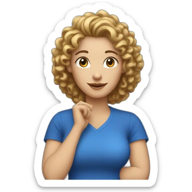 white woman-designer with curly hair, wears blue t-shirt shows heart with her hands sticker
