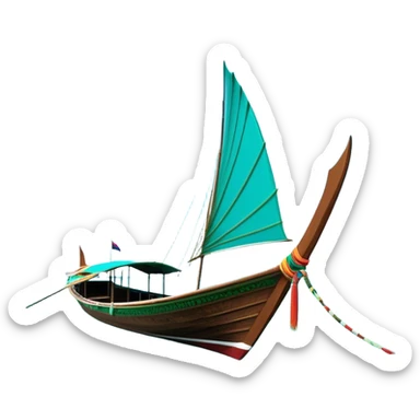 ​Cinematic Realistic Authentic Thai Longtail Boat, depicted as a traditional wooden longtail boat with a sleek, elongated hull and a brightly painted canopy, its long tail fin cutting gracefully through turquoise waters under a clear tropical sky, rendered with vibrant textures and dynamic natural lighting that captures its rustic charm and cultural heritage, sticker