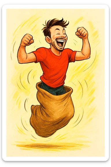 man jumping inside of a sack, energetic, simple background sticker