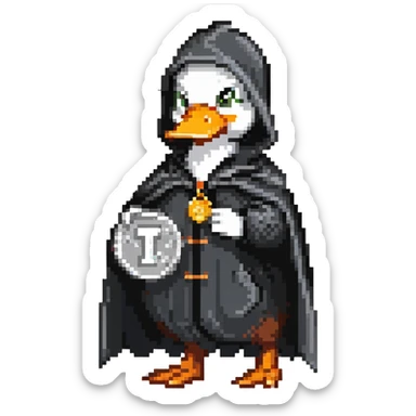 A cool duck in a black cloak with a silver coin sticker