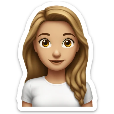 
brunette girl, big hazel eyes, shiny hair, tanned complexion, good health, white t-shirt sticker