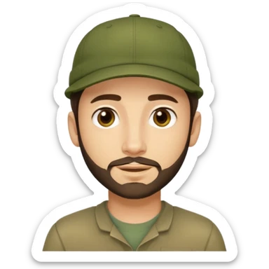 Apple emoji style young man with light skin, short stubble beard, dark eyes, olive green cap, dark brown hair. Clean shapes, soft gradients, friendly expression. sticker