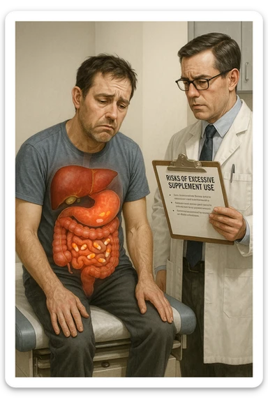 a man sits on a doctor’s examination table, looking fatigued and uncomfortable. A transparent anatomical overlay reveals his liver and intestines, both appearing inflamed and congested, with stylized supplement capsules and pills scattered throughout the digestive tract. The doctor stands nearby, holding a chart that highlights the risks of excessive supplement use. The mood is clinical and educational. in italiano iperrealistica sticker
