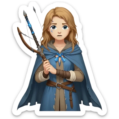 A young human woman with long, unkempt golden-brown hair, piercing blue-gray eyes filled with quiet determination. Dressed in a worn tunic and a tattered cloak, her calloused hands grip a bow, a hunter surviving against the odds. sticker