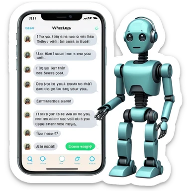 iPhone with WhatsApp chat screen showing a conversation with a robot or AI chatbot sticker