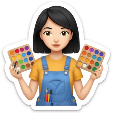 Créame emoji de una mujer que sea diseñadora industrial, pelo negra, piel morena, femenina con overol y una paleta de colores o herramientas de taller  sticker