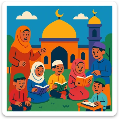 vibrant and colorful illustration of an Islamic school with children and teachers sticker