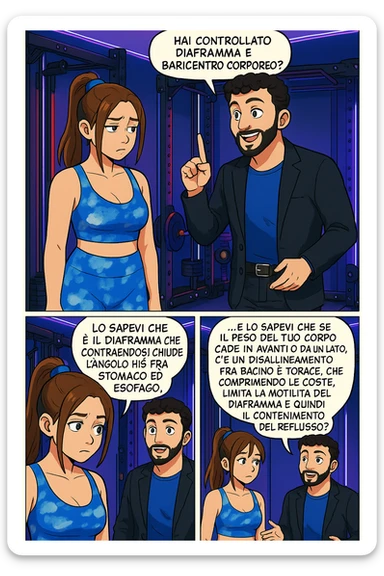 TRASFORMA QUESTO CAROSELLO IN UN FUMETTO STILE WEBTOON/MANGA A COLORI CON QUESTE DUE PERSONE IDENTICHE CHE INTERLOQUISCONO TRA LORO, L'uomo sta spiegando alla donna questo concetto:

LUI (UOMO): Hai controllato diaframma e baricentro corporeo?
LUI (UOMO): Lo sapevi che è il diaframma che contraendosi chiude l’angolo his fra stomaco ed esofago, contenendo la risalita degli acidi grassi?
LUI (UOMO): …e lo sapevi che se il peso del tuo corpo cade in avanti o da un lato, c’è un disallineamento fra bacino e torace, che comprimendo le coste, limita la motilità del diaframma e quindi il contenimento del reflusso? sticker