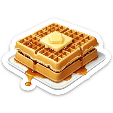 Golden crispy waffle with maple syrup and a square of butter on top sticker