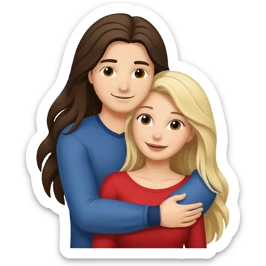 A happy boyfriend and girlfriend hug. She is brunette sexy with long hair. He is blonde sticker