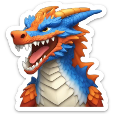 Un dragon mi loup de couleur rouge, bleu, blanc et orange moutardes avec des corne de bélier orange moutard. Il qui crache du feux sticker