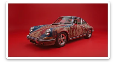 Closeup shot of a porsche 911, body of car made of russian carpet with patterns, red solid studio background,top low key light, dutch angle, haze, captured by ARRI 65 sticker